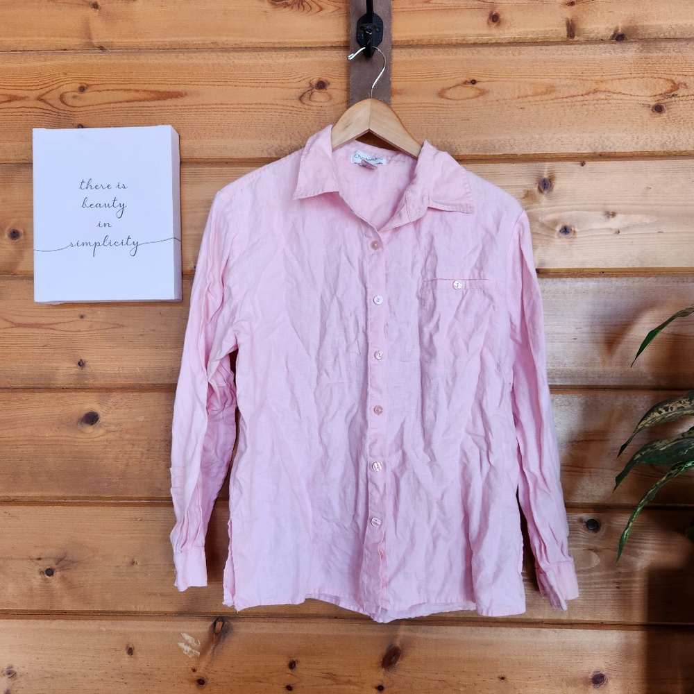 Chadwick’s 100% Linen Pink Button Down Shirt Split Sides Blouse Pocket Top Sz 10
